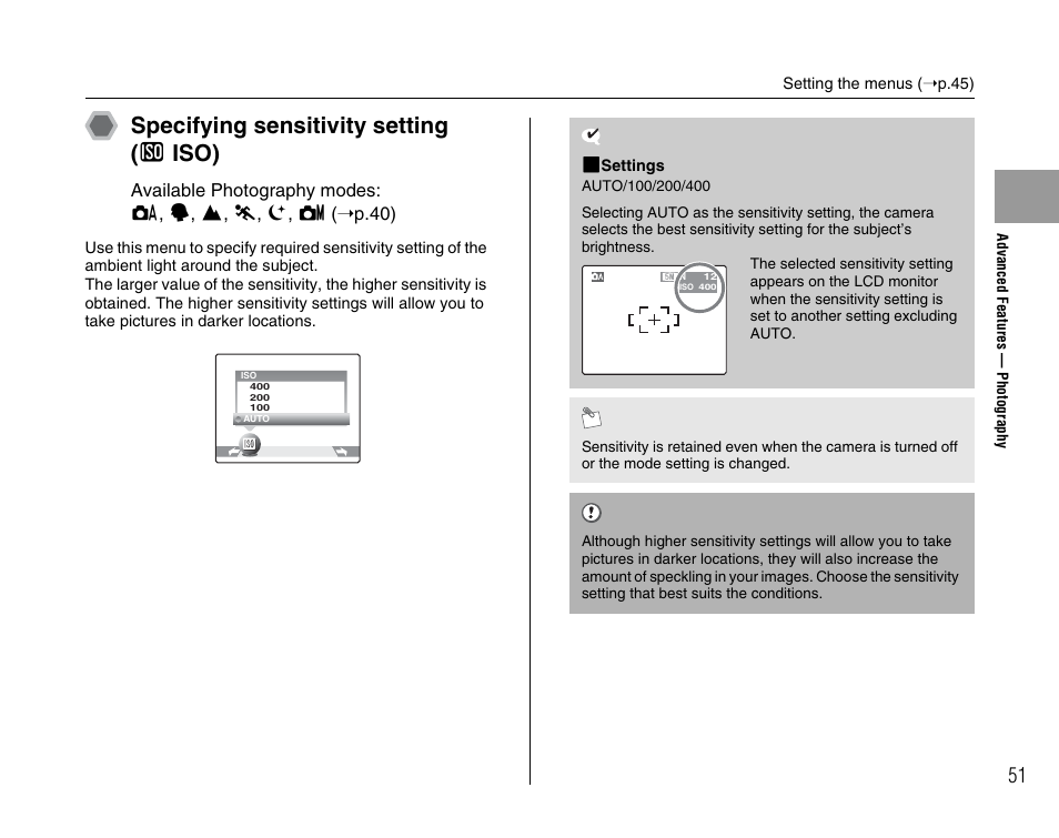 Specifying sensitivity setting ( s iso) | FujiFilm FinePix A400 User Manual | Page 51 / 132