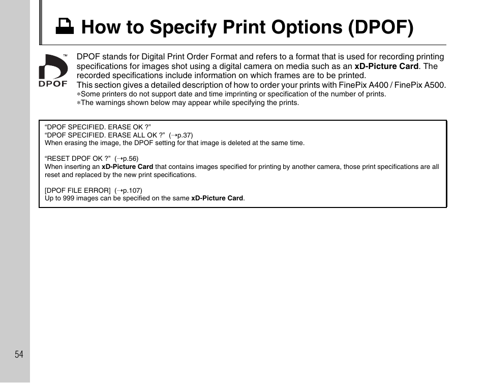 U how to specify print options (dpof) | FujiFilm FinePix A400 User Manual | Page 54 / 132
