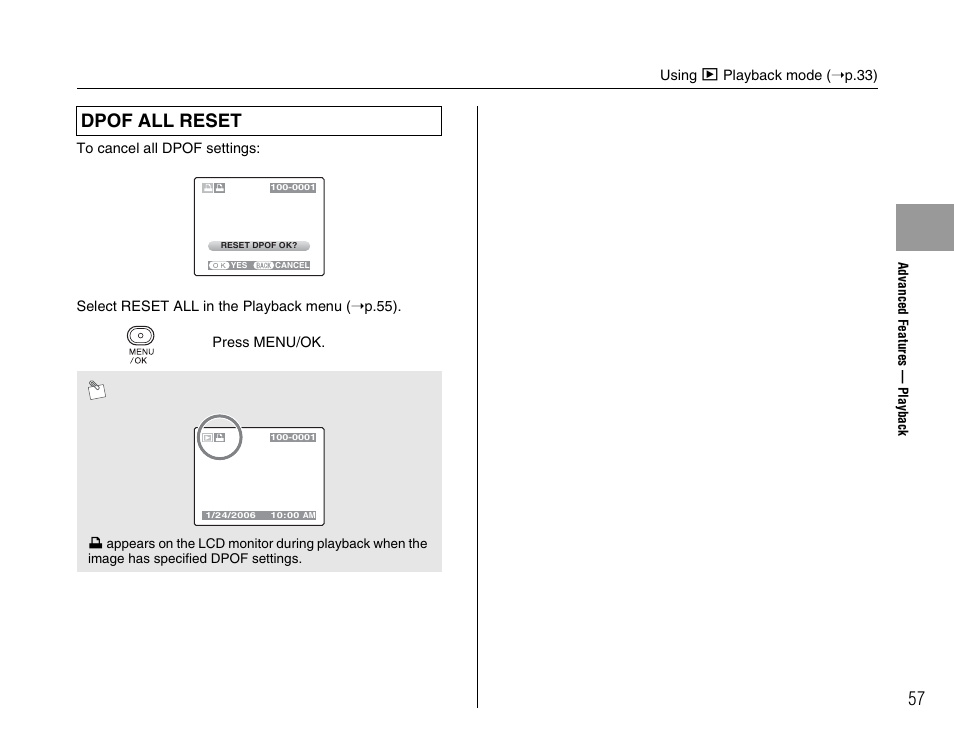 Dpof all reset | FujiFilm FinePix A400 User Manual | Page 57 / 132