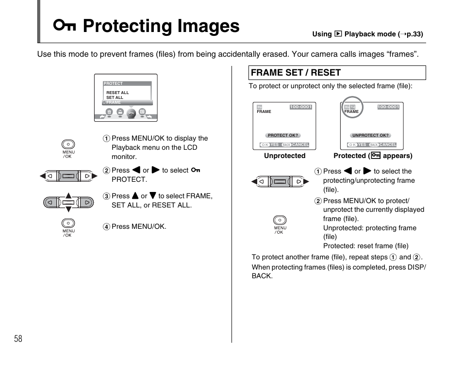 I protecting images, Frame set / reset | FujiFilm FinePix A400 User Manual | Page 58 / 132