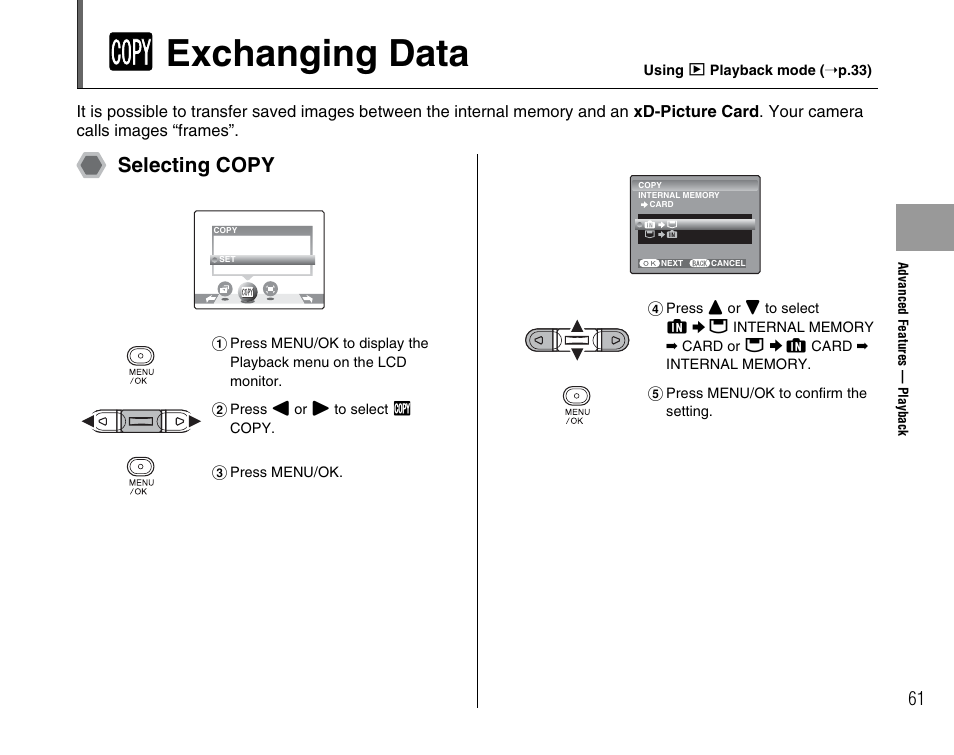 V exchanging data, Selecting copy | FujiFilm FinePix A400 User Manual | Page 61 / 132