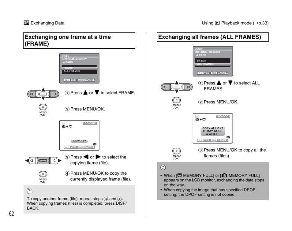 Exchanging one frame at a time (frame), Exchanging all frames (all frames) | FujiFilm FinePix A400 User Manual | Page 62 / 132