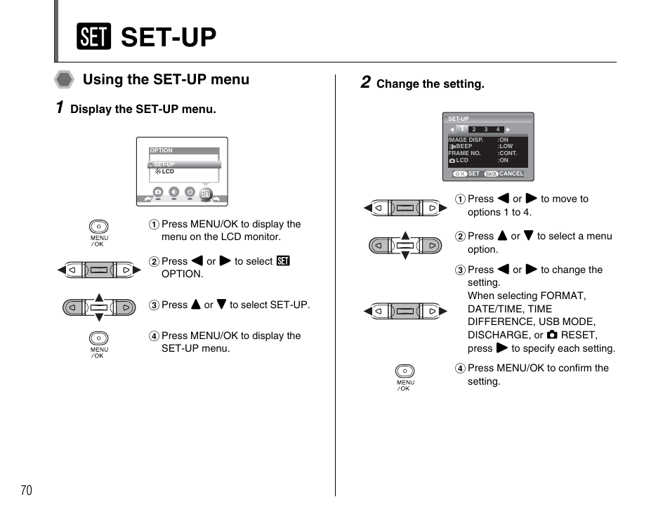 U set-up, Using the set-up menu | FujiFilm FinePix A400 User Manual | Page 70 / 132