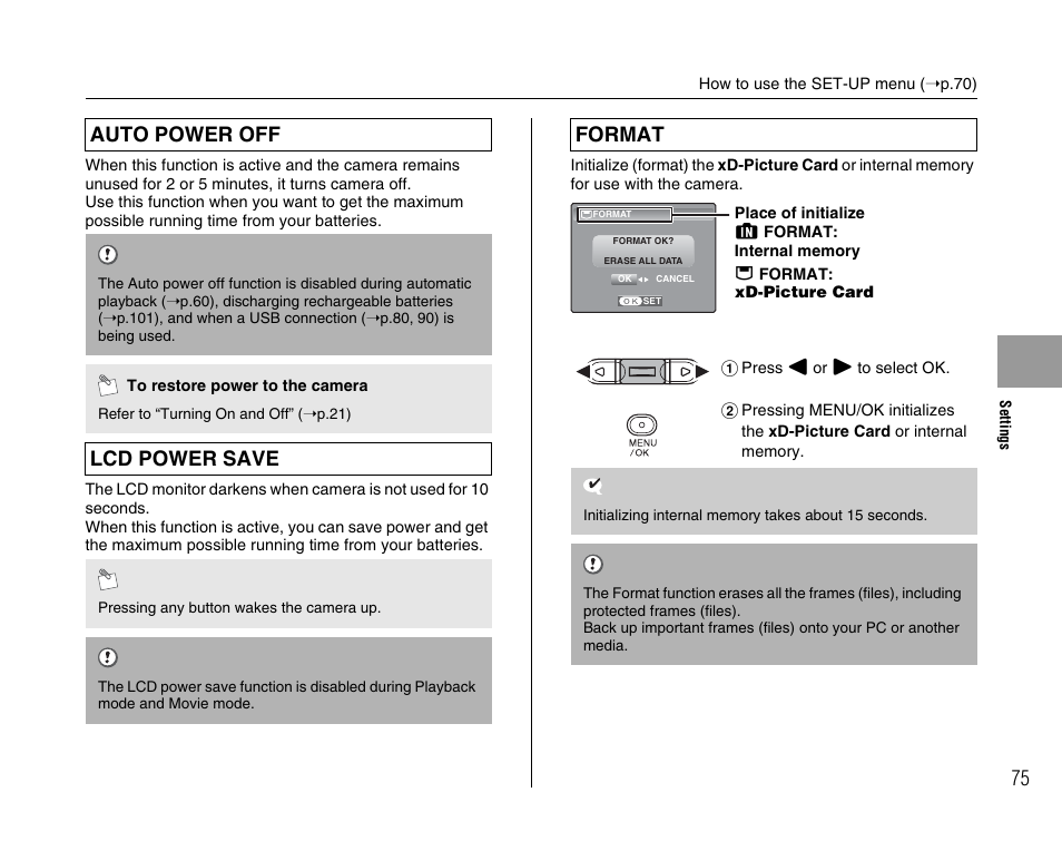 Auto power off, Lcd power save, Format | FujiFilm FinePix A400 User Manual | Page 75 / 132