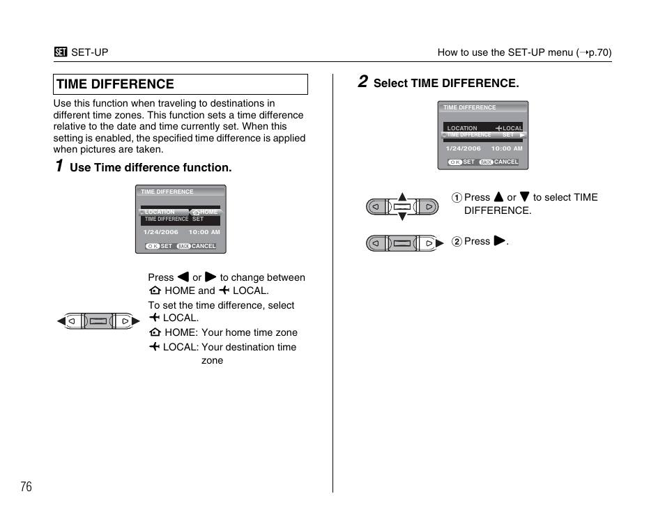 Time difference, Use time difference function, Select time difference | FujiFilm FinePix A400 User Manual | Page 76 / 132