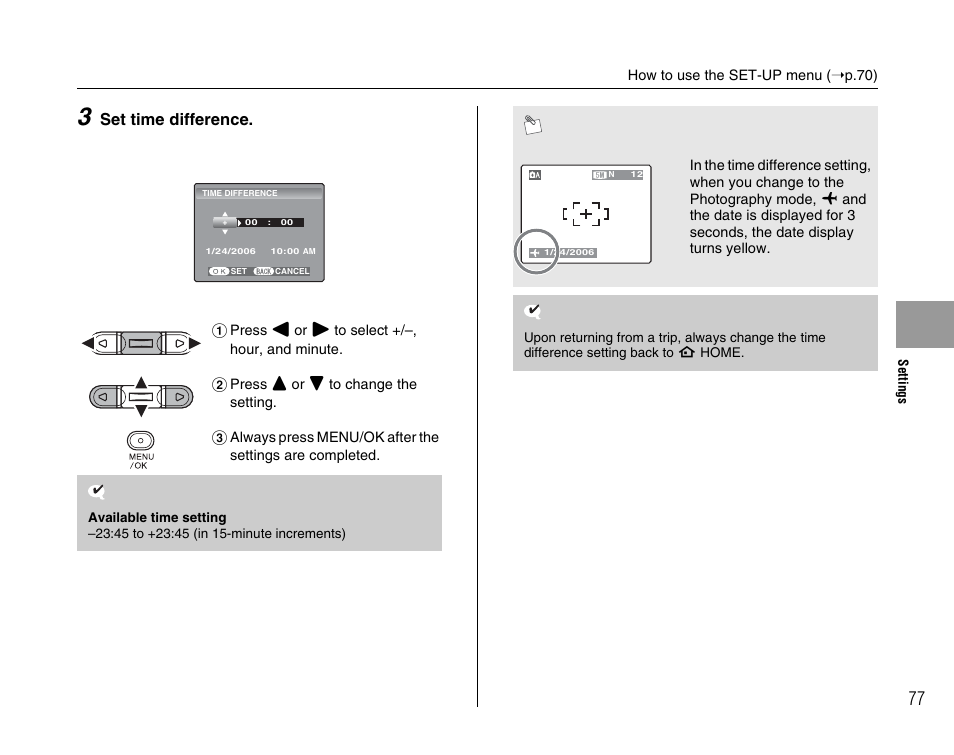 Set time difference | FujiFilm FinePix A400 User Manual | Page 77 / 132