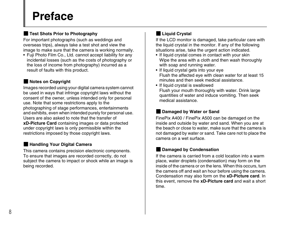 Preface | FujiFilm FinePix A400 User Manual | Page 8 / 132