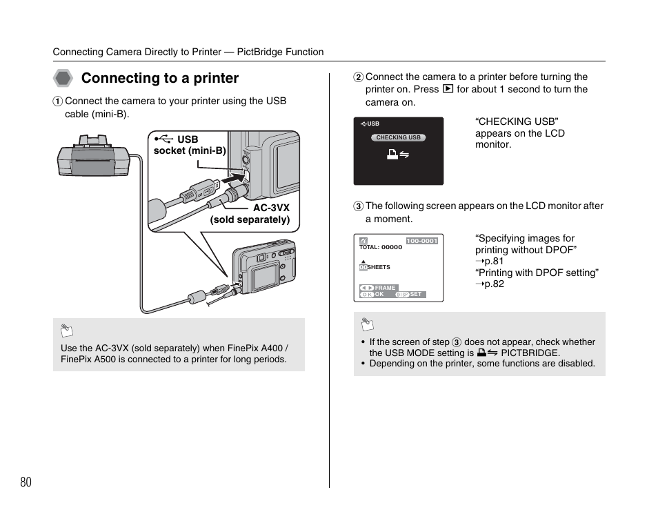 Connecting to a printer | FujiFilm FinePix A400 User Manual | Page 80 / 132