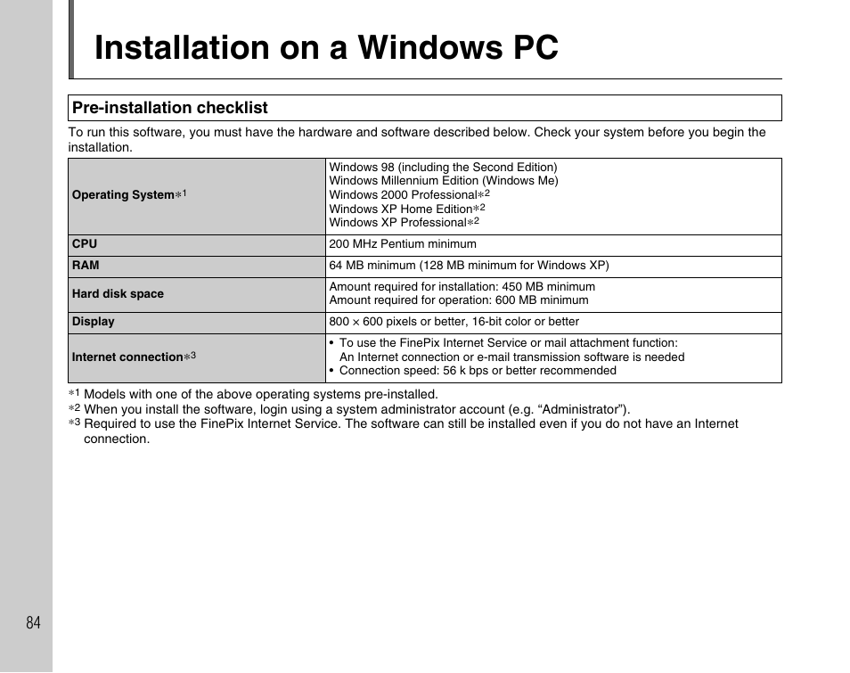 Installation on a windows pc, Pre-installation checklist | FujiFilm FinePix A400 User Manual | Page 84 / 132