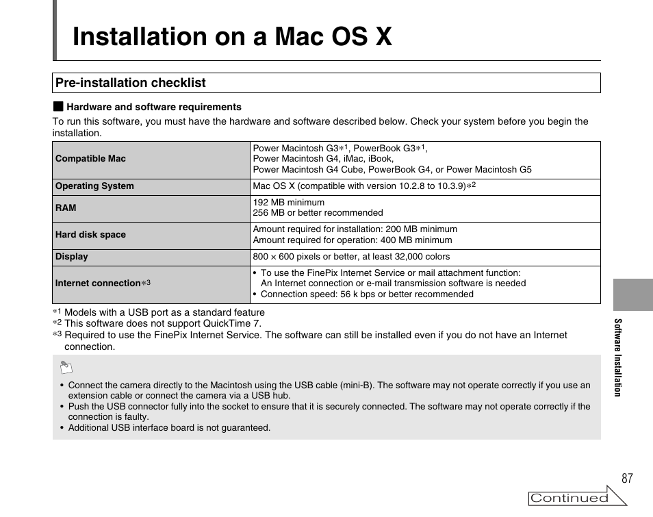 Installation on a mac os x, Pre-installation checklist | FujiFilm FinePix A400 User Manual | Page 87 / 132