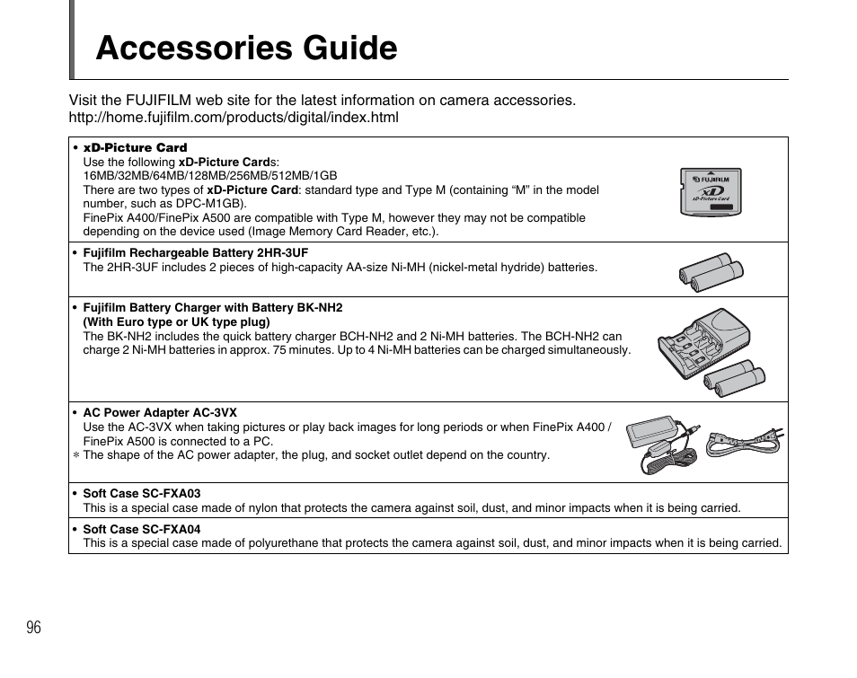 Accessories guide | FujiFilm FinePix A400 User Manual | Page 96 / 132