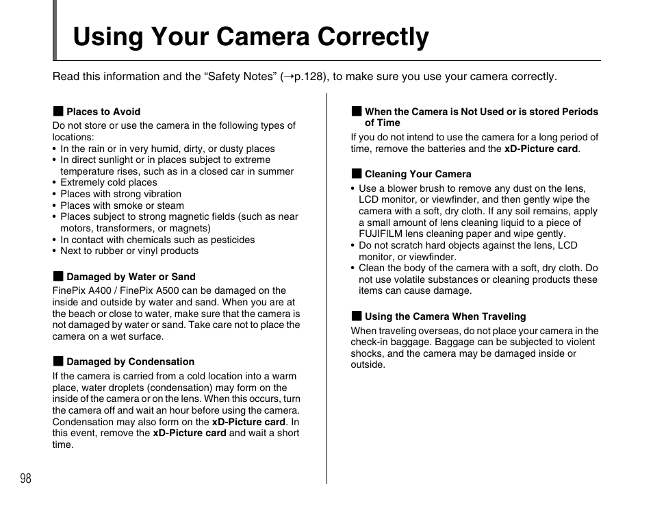 Using your camera correctly | FujiFilm FinePix A400 User Manual | Page 98 / 132