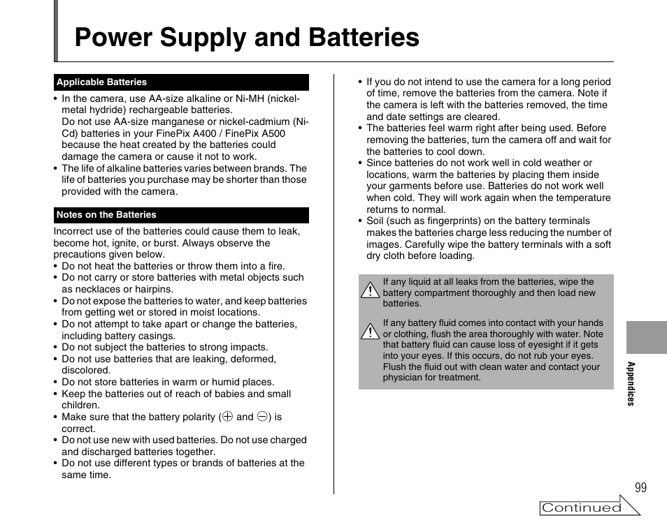 Power supply and batteries | FujiFilm FinePix A400 User Manual | Page 99 / 132