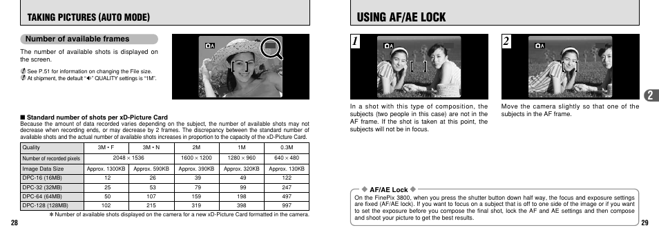 Using af/ae lock, Taking pictures (auto mode), Number of available frames | FujiFilm FinePix 3800 User Manual | Page 15 / 69