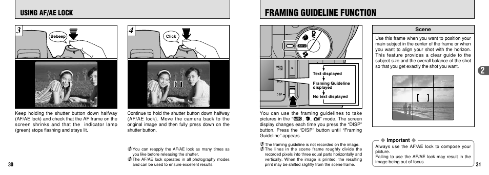 Framing guideline function, Using af/ae lock | FujiFilm FinePix 3800 User Manual | Page 16 / 69