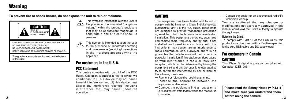 Warning, For customers in the u.s.a, For customers in canada | Fcc statement, Caution | FujiFilm FinePix 3800 User Manual | Page 2 / 69