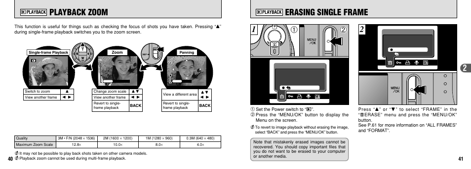 Erasing single frame, Playback zoom | FujiFilm FinePix 3800 User Manual | Page 21 / 69