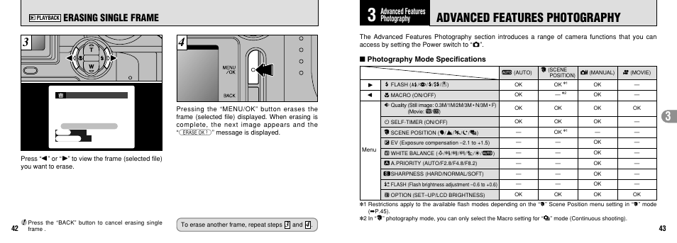 Advanced features photography, Erasing single frame | FujiFilm FinePix 3800 User Manual | Page 22 / 69