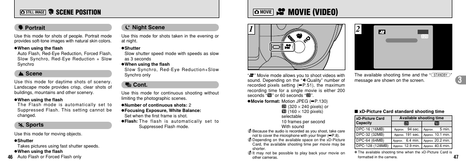 T movie (video), E scene position, Scene | Night scene, Sports, Cont, M portrait | FujiFilm FinePix 3800 User Manual | Page 24 / 69