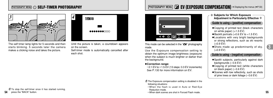 D ev (exposure compensation), Self-timer photography | FujiFilm FinePix 3800 User Manual | Page 28 / 69