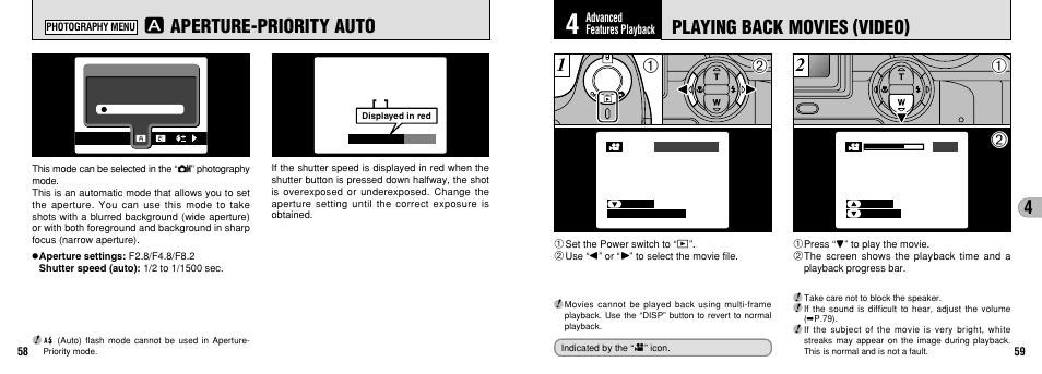 Playing back movies (video), N aperture-priority auto | FujiFilm FinePix 3800 User Manual | Page 30 / 69