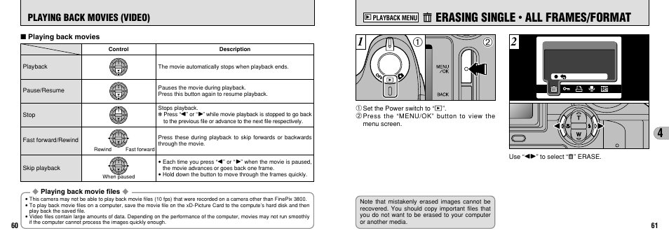 Erasing single, All frames/format, Playing back movies (video) | FujiFilm FinePix 3800 User Manual | Page 31 / 69