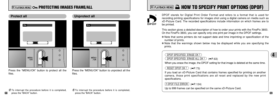 I how to specify print options (dpof), Protecting images frame/all | FujiFilm FinePix 3800 User Manual | Page 35 / 69