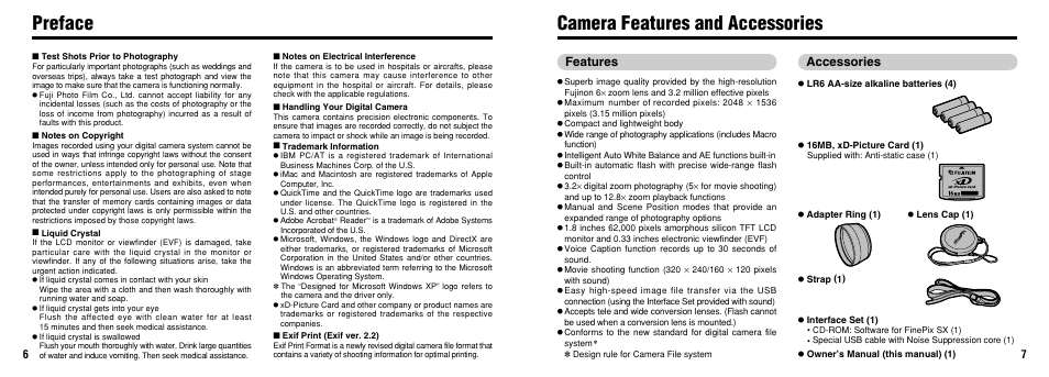 Camera features and accessories, Preface, Features accessories | FujiFilm FinePix 3800 User Manual | Page 4 / 69