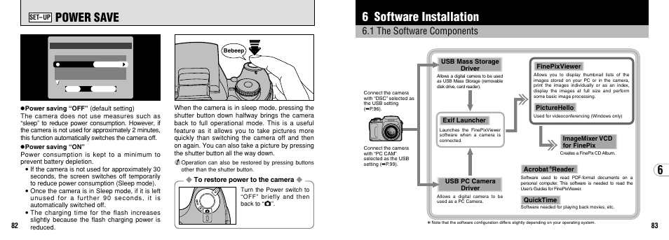 Power save, 6 software installation, 1 the software components | FujiFilm FinePix 3800 User Manual | Page 42 / 69