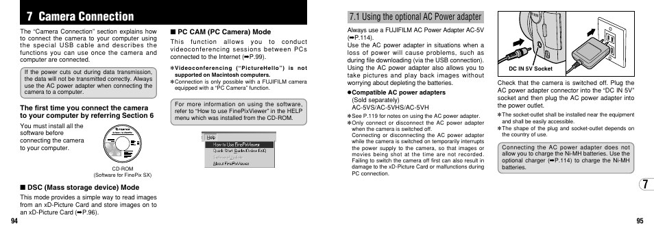 7 camera connection, 1 using the optional ac power adapter | FujiFilm FinePix 3800 User Manual | Page 48 / 69