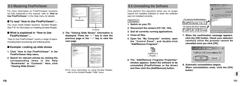 5 mastering finepixviewer, 6 uninstalling the software | FujiFilm FinePix 3800 User Manual | Page 56 / 69