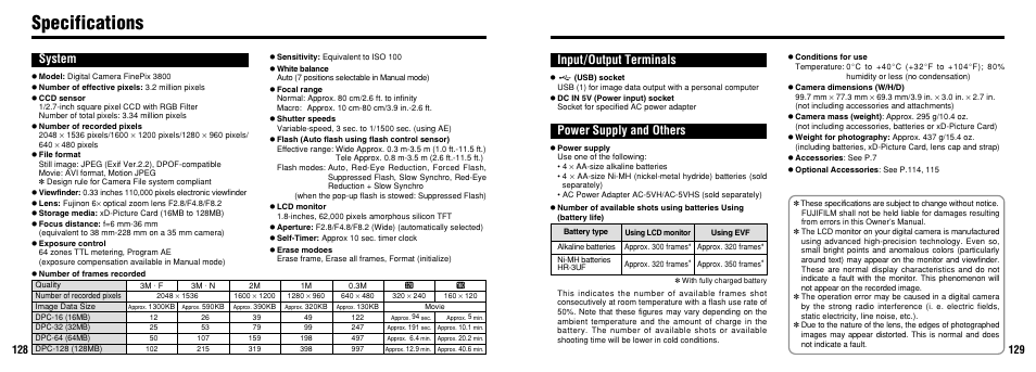 Specifications, Input/output terminals power supply and others, System | FujiFilm FinePix 3800 User Manual | Page 65 / 69