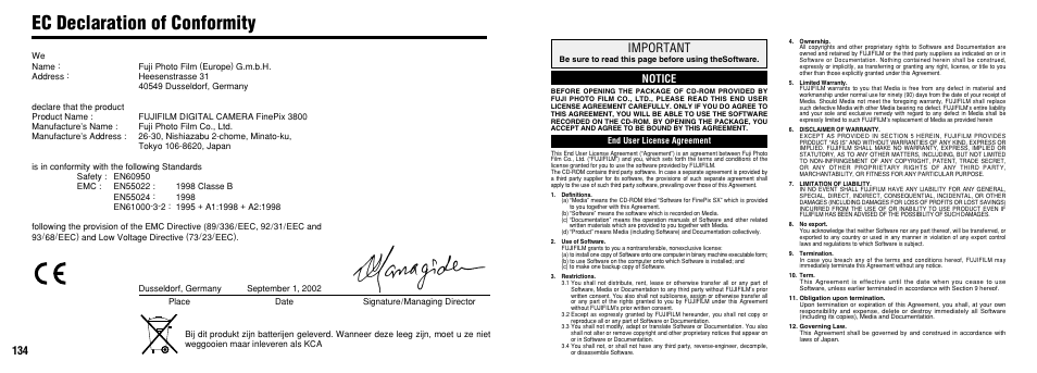 Ec declaration of conformity, Important, Notice | FujiFilm FinePix 3800 User Manual | Page 68 / 69