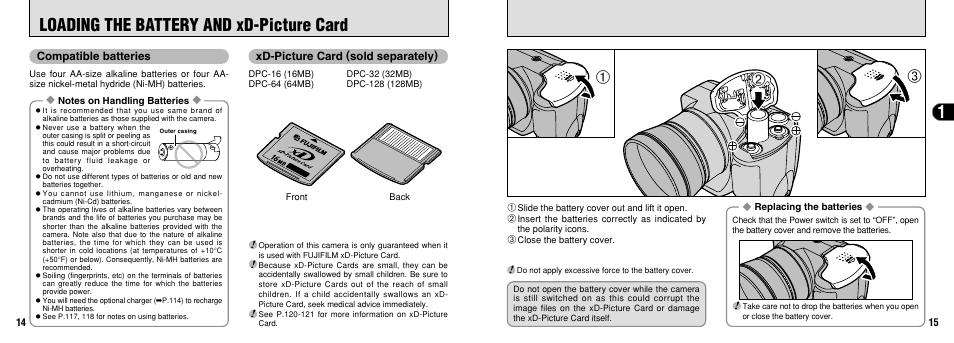 1loading the battery and xd-picture card | FujiFilm FinePix 3800 User Manual | Page 8 / 69