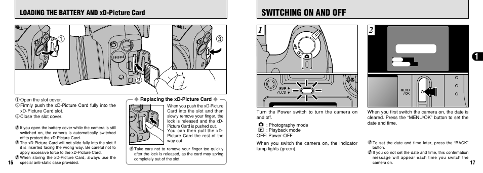 1switching on and off, Loading the battery and xd-picture card | FujiFilm FinePix 3800 User Manual | Page 9 / 69