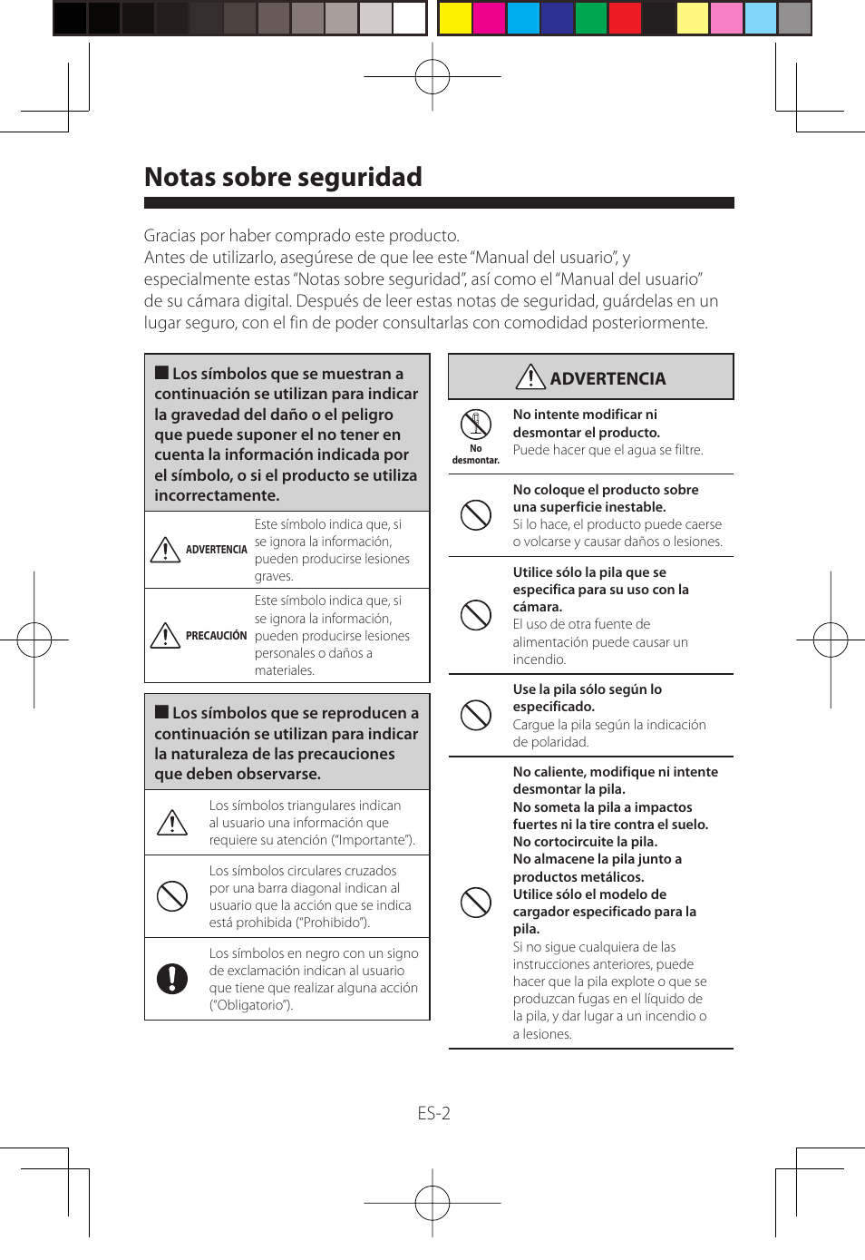 Notas sobre seguridad, Es-2 | FujiFilm WP-FXF500 User Manual | Page 112 / 140