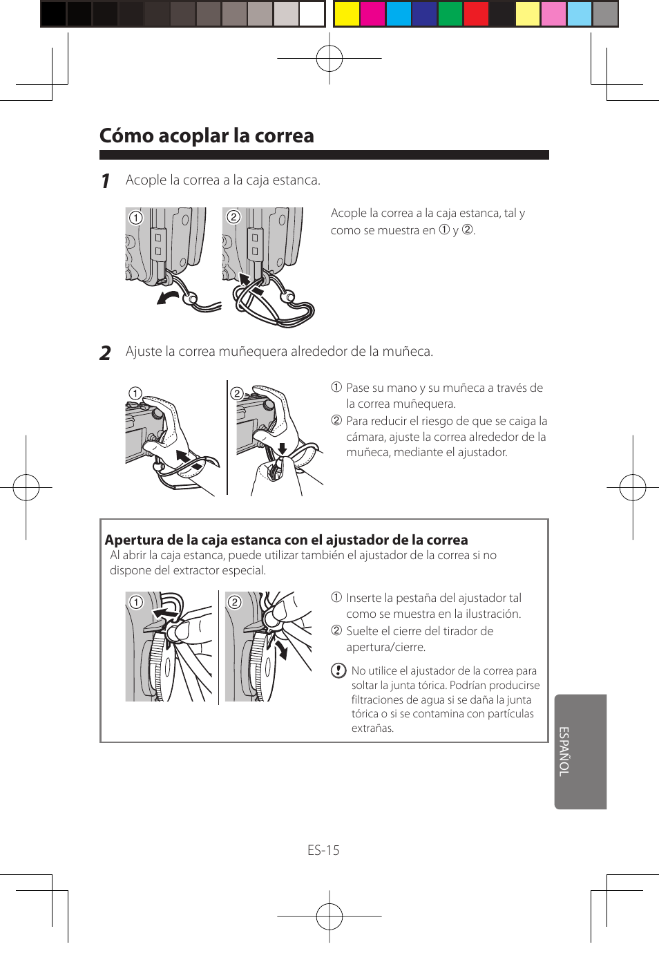 Cómo acoplar la correa | FujiFilm WP-FXF500 User Manual | Page 125 / 140