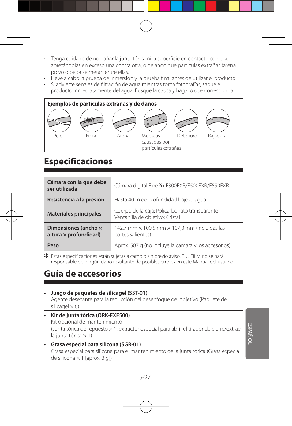 Especificaciones, Guía de accesorios | FujiFilm WP-FXF500 User Manual | Page 137 / 140