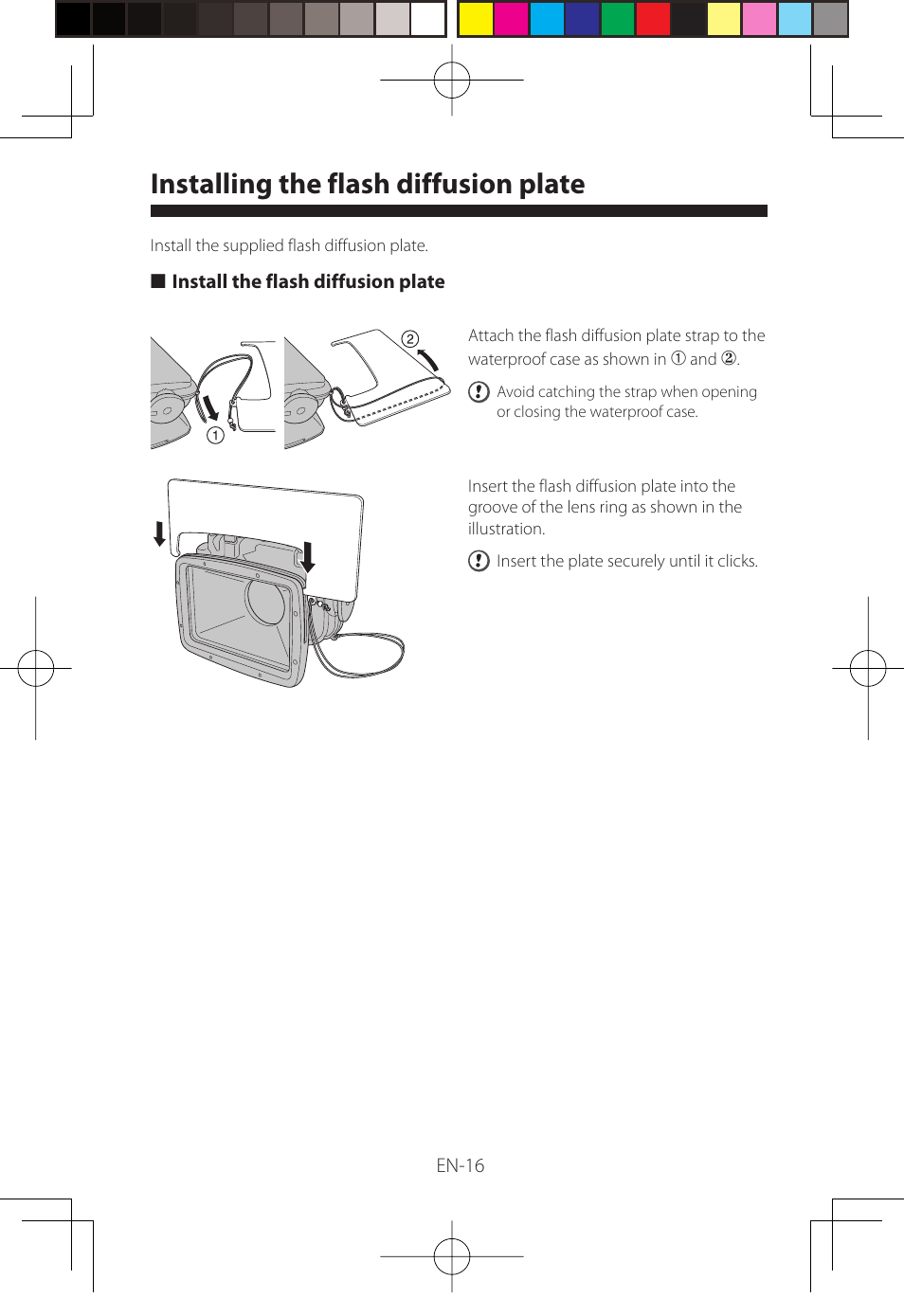 Installing the flash diffusion plate | FujiFilm WP-FXF500 User Manual | Page 48 / 140