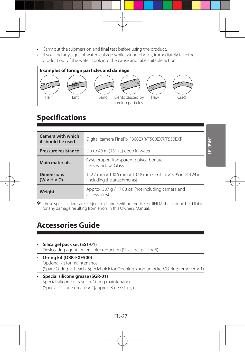 Specifications, Accessories guide | FujiFilm WP-FXF500 User Manual | Page 59 / 140
