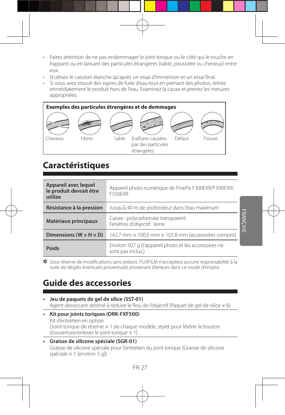 Caractéristiques, Guide des accessories | FujiFilm WP-FXF500 User Manual | Page 85 / 140
