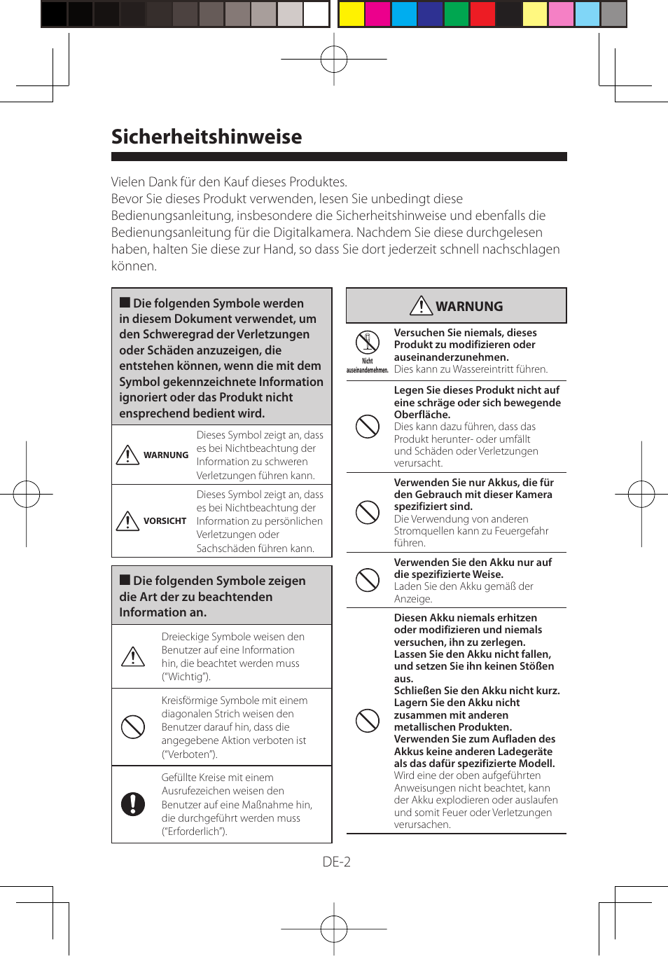 Sicherheitshinweise, De-2 | FujiFilm WP-FXF500 User Manual | Page 86 / 140