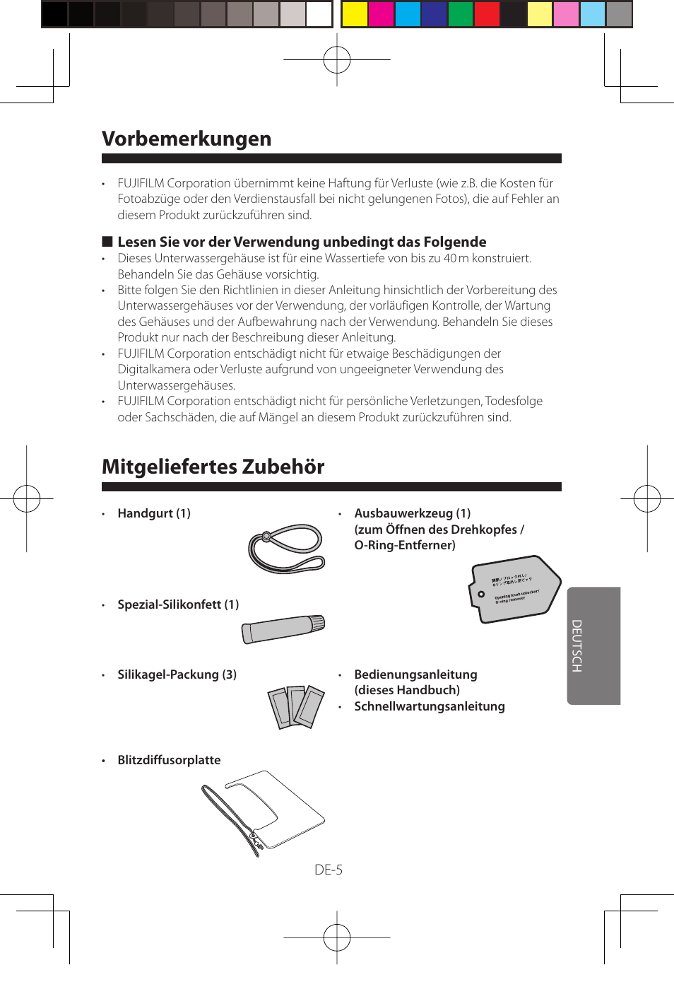 Vorbemerkungen, Mitgeliefertes zubehör | FujiFilm WP-FXF500 User Manual | Page 89 / 140