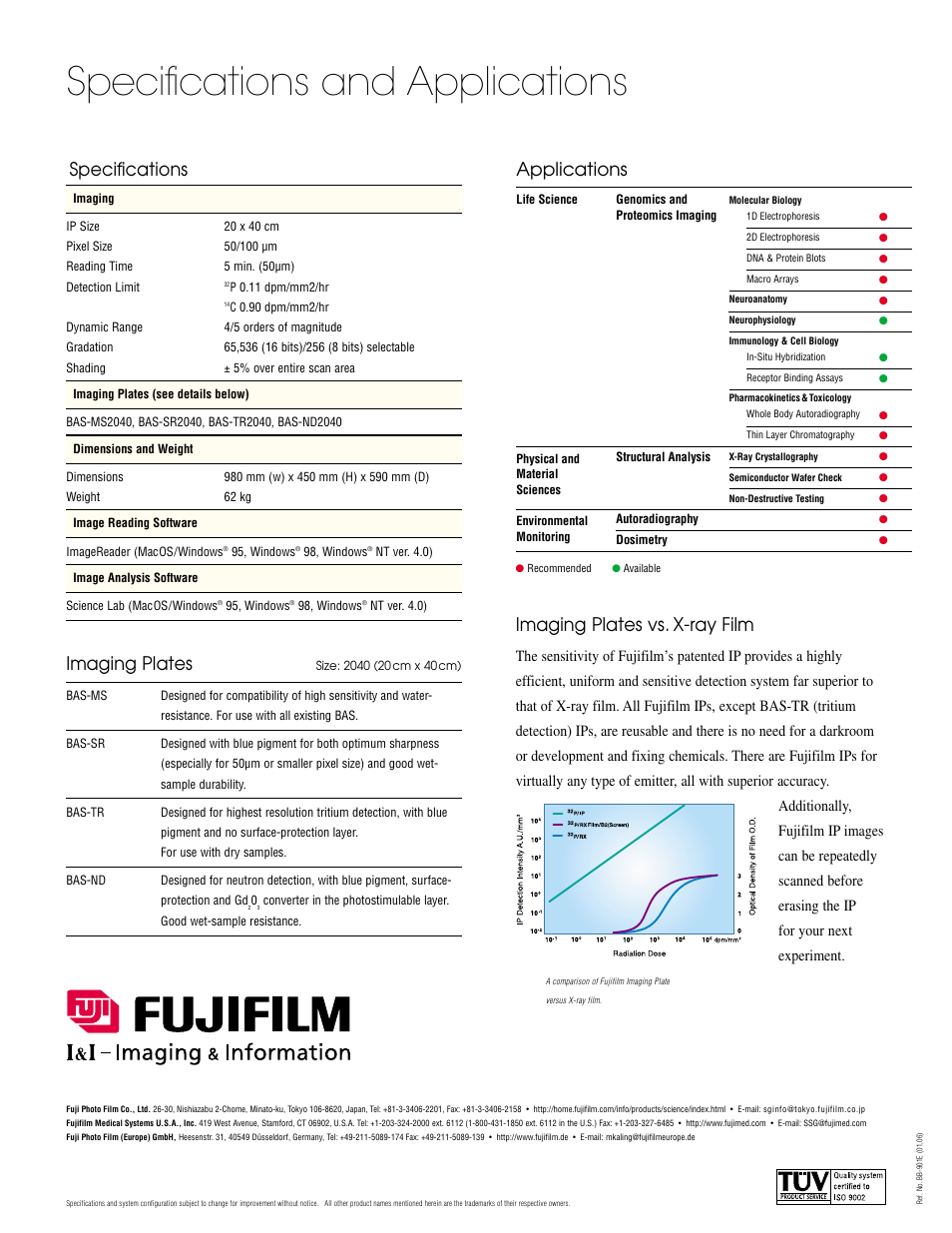 Specifications and applications, Applications, Specifications | Imaging plates, Imaging plates vs. x-ray film | FujiFilm BAS-2500 User Manual | Page 4 / 4