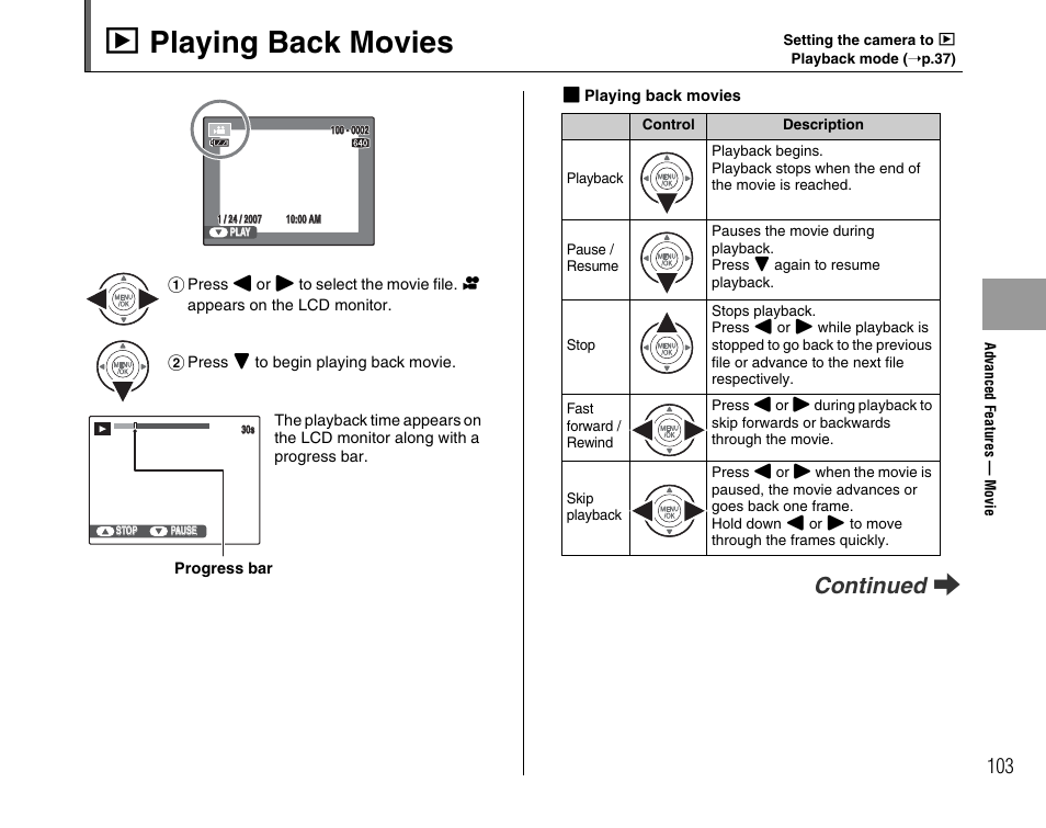 W playing back movies, Continued q | FujiFilm F45fd User Manual | Page 103 / 180