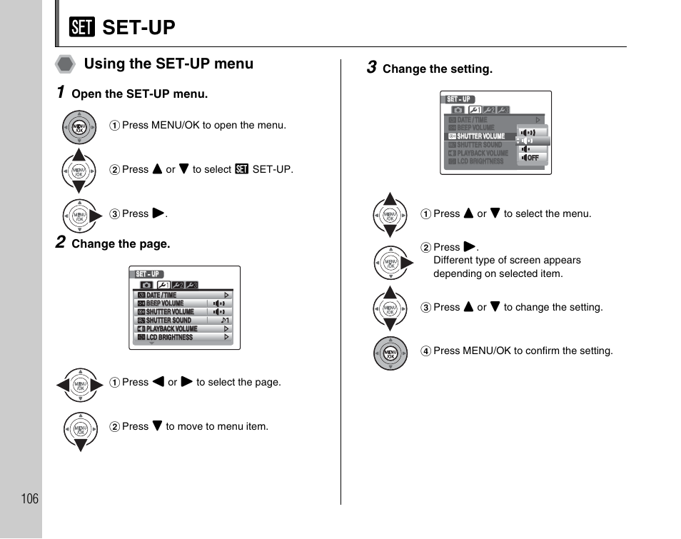 U set-up, Using the set-up menu | FujiFilm F45fd User Manual | Page 106 / 180