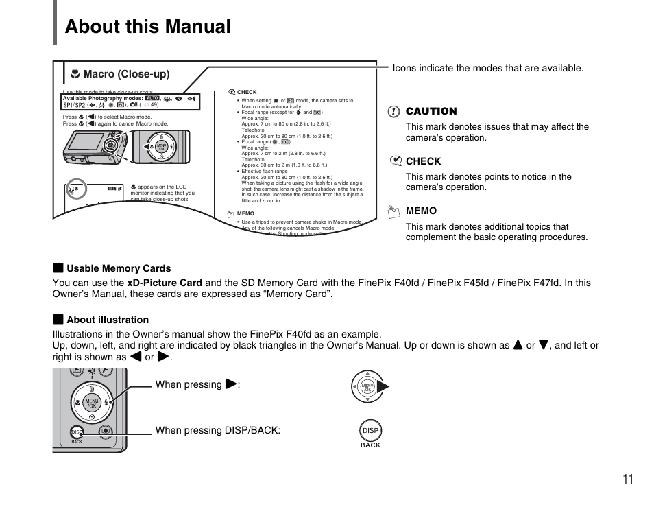 About this manual, E macro (close-up), Caution | Check | FujiFilm F45fd User Manual | Page 11 / 180