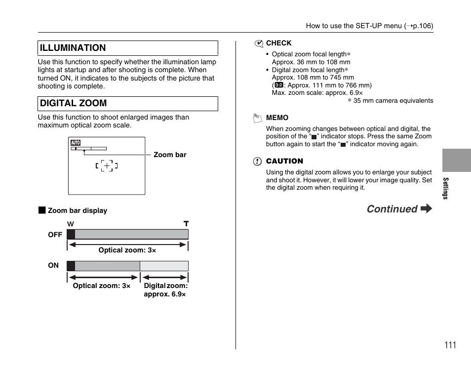 Continued q, Illumination digital zoom | FujiFilm F45fd User Manual | Page 111 / 180