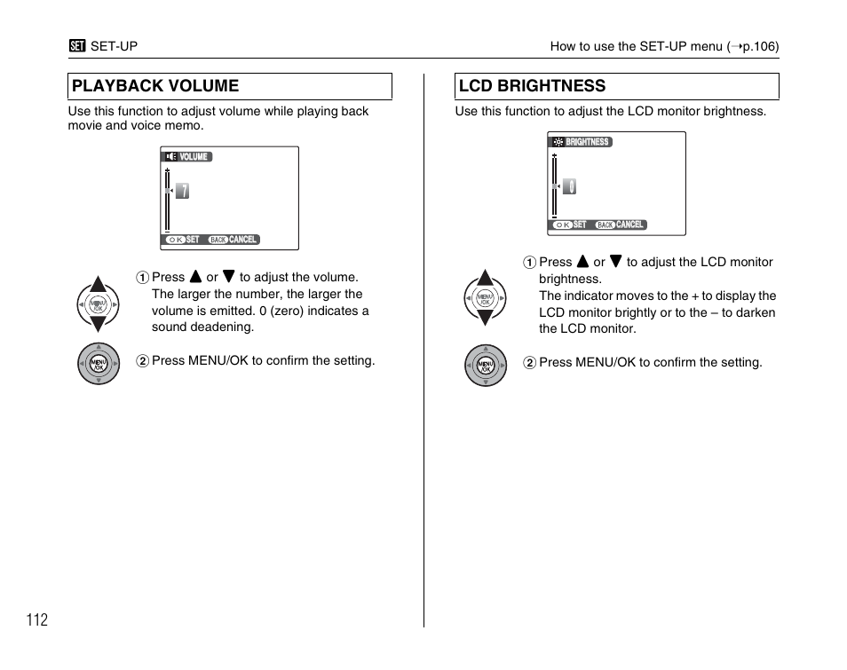 Playback volume, Lcd brightness | FujiFilm F45fd User Manual | Page 112 / 180