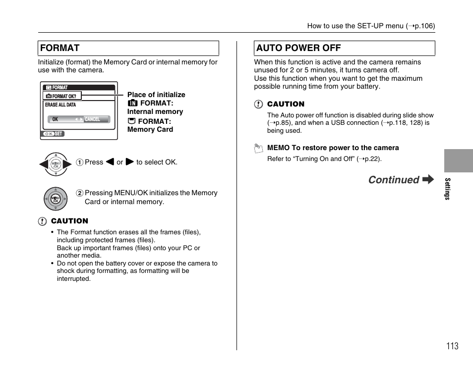 Continued q, Format, Auto power off | FujiFilm F45fd User Manual | Page 113 / 180